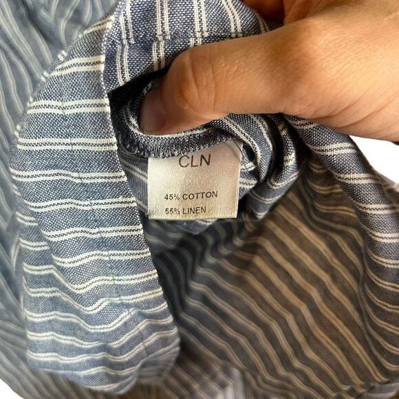 CLN Linen Blend Blue White Striped Short Sleeve‎ Top Size Large - Picture 6 of 8
